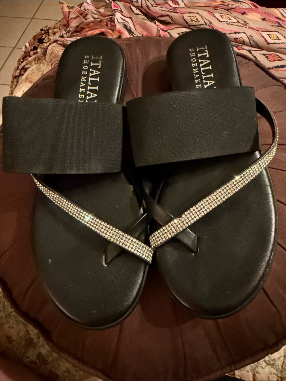 Italian Shoemakers Black Rhinestone Strap Slide Sandals